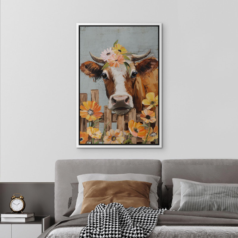 Portrait de vache sur fond gris, Cadre flottant blanc, H 36 po x l 24 po