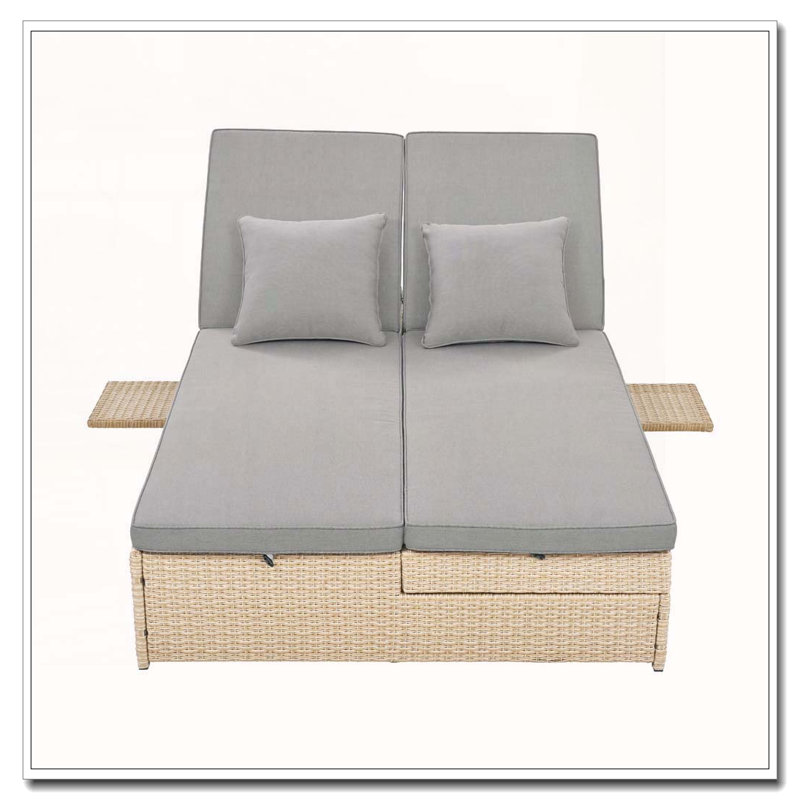 Double chaise longue d'extérieur en rotin d'extérieur avec dossier et siège réglables en osier, Brun