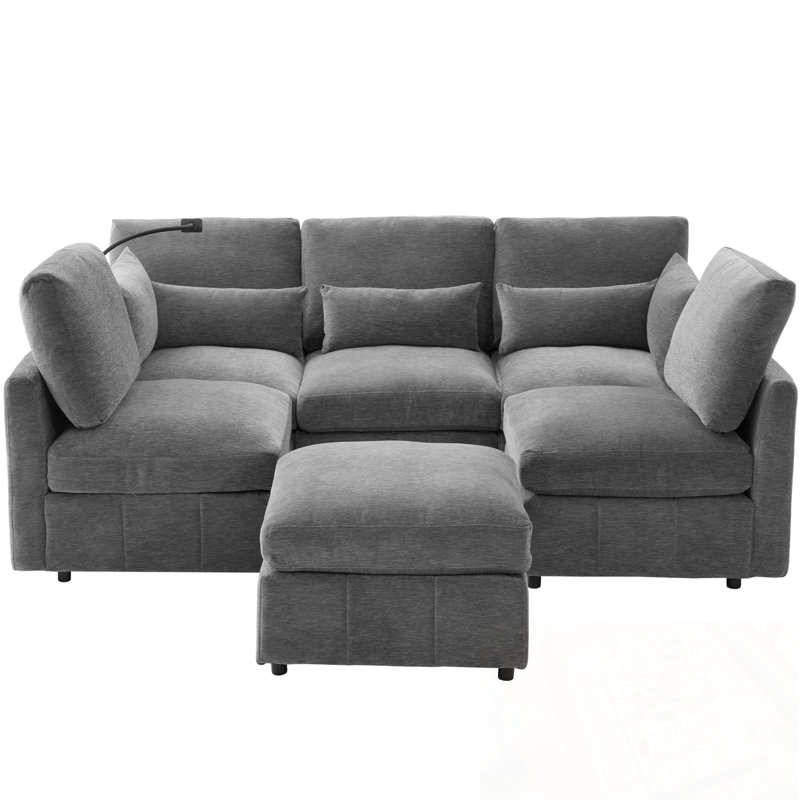 U-Shaped Sectional Sofa With Movable Ottoman, Two USB Ports And A Phone Holder, Gray Chenille