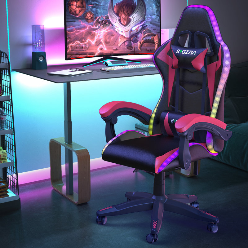 Reclining Gaming Chair with LED Lights and Headrest, Black/Red