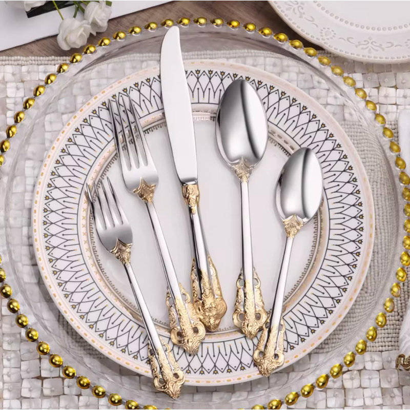 Ensemble de couverts de luxe 20 pièces, ensemble de couverts en acier inoxydable 304 avec accents dorés, ensemble de couverts polis miroir pour un dîner raffiné et des occasions spéciales