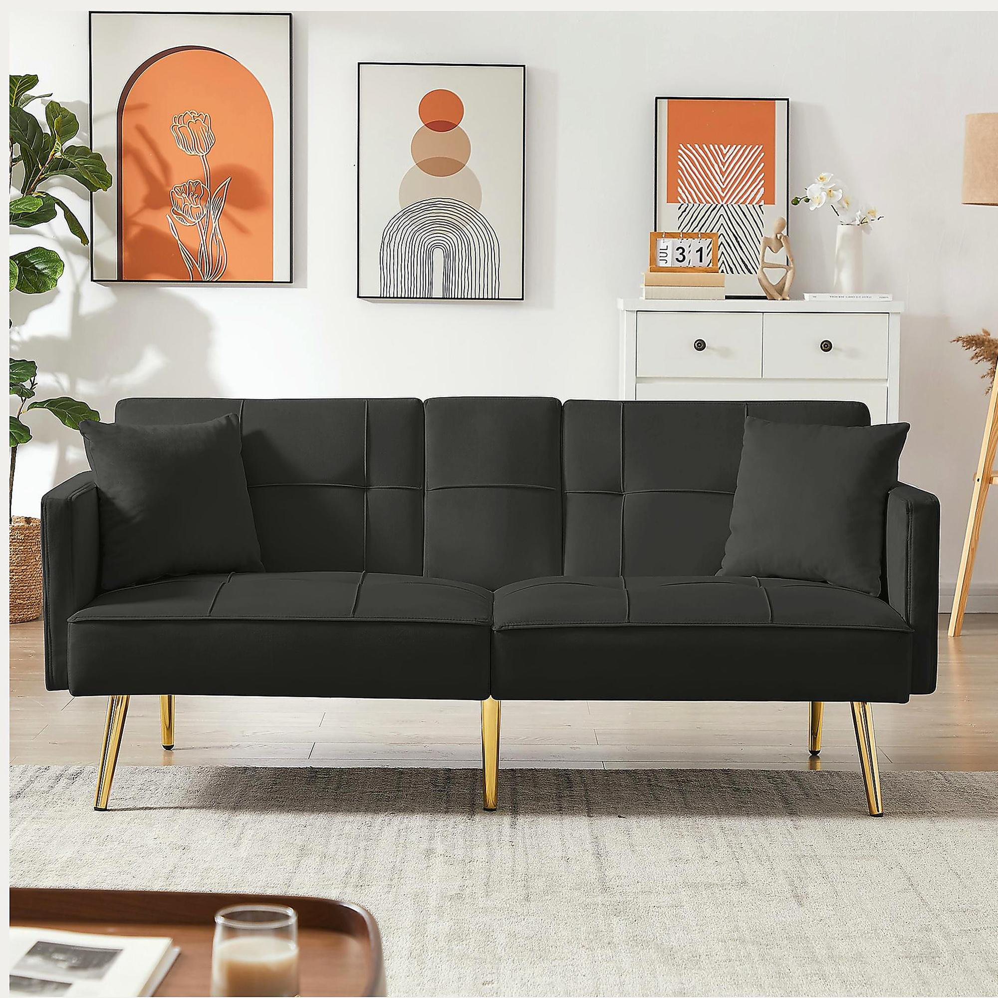 Mercer41 Black Velvet Futon Sofa Bed with Gold Metal Legs | Wayfair