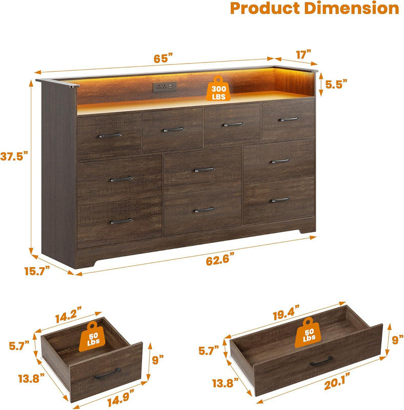 Commode à 10 tiroirs 65 po à DEL avec station de charge - Grande commode moderne pour chambre à coucher, salon, couloir, Gris