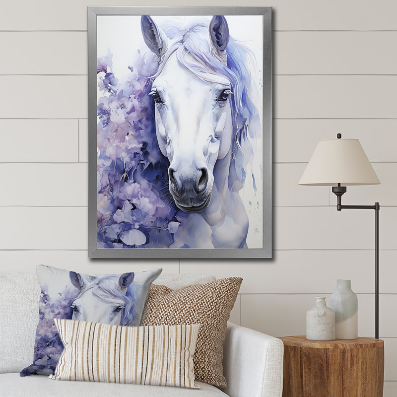 «Purple White Horse Contours Pointillism», reproduction sur toile, H 40 po x l 30 po x P 1,5 po, Cadre photo argenté