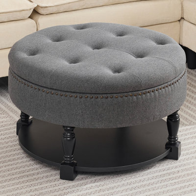 Upholstered Button Tufted Round Storage Ottoman With Open Solid Wood Shelf