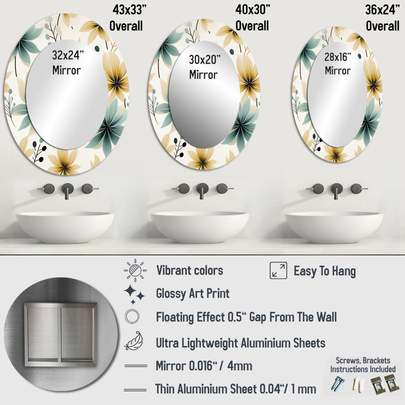 Motif floral élégant bleu sarcelle et beige - Miroir décoratif floral ovale sur métal, H 43 po x l 33 po