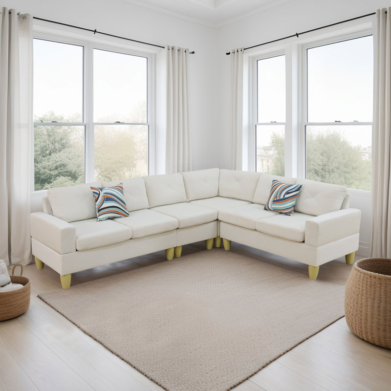 Caelean Upholstered L-Shaped Sectional Reversible, Beige Linen Blend, Yellow
