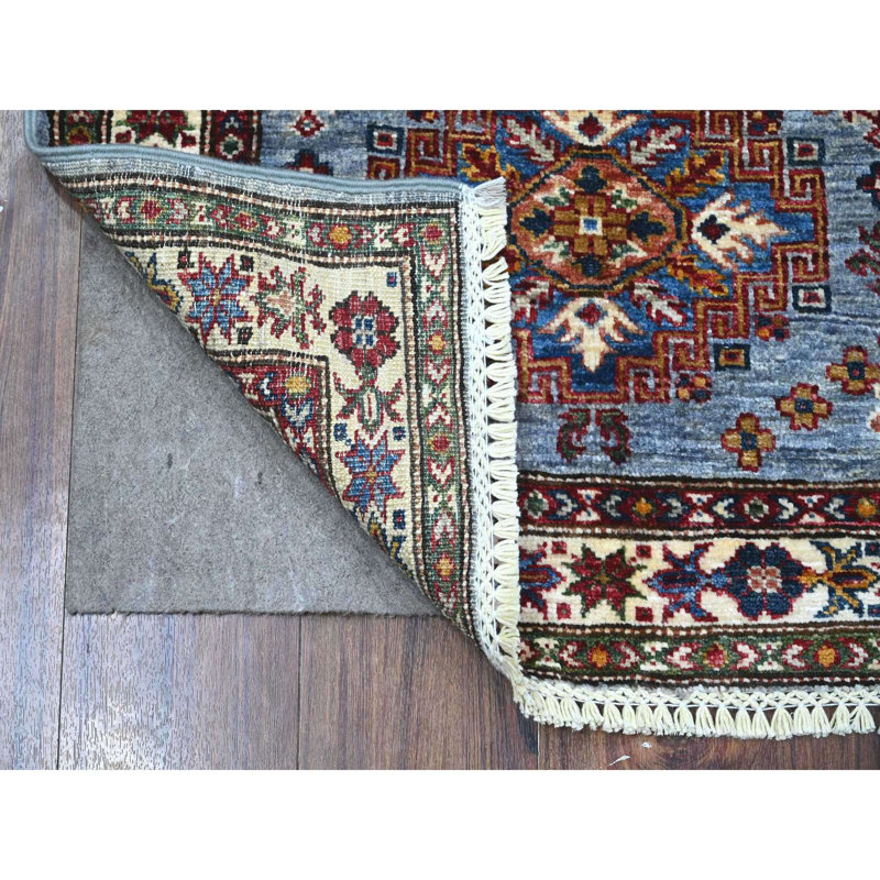 Tapis de couloir oriental gris en laine noué à la main 2 pi 6 po x 6 pi 2 po Super Kazak