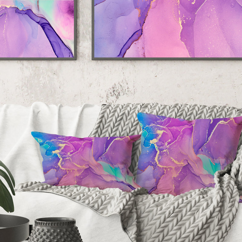Coussin rose et mauve à motif abstrait d'art liquide, 16 po x 16 po