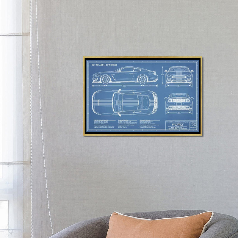 GT350 Shelby (2015-2019) Blueprint-impression de dessin, H 18 po x l 26 po x P 1,5 po, Toile encadrée d'or, Pas de tapis