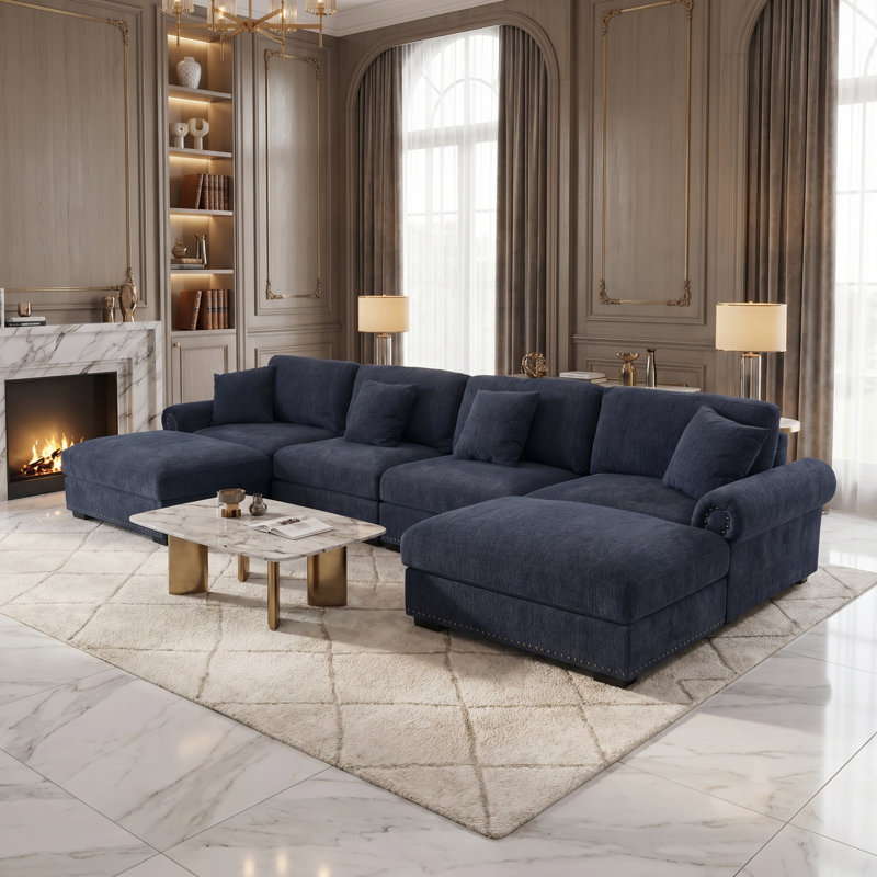 Errett Modern Fabric U-shape Sectional With 2 Ottomans, Dark Blue Polyester