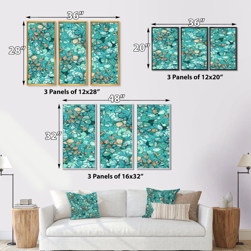 Turquoise Blue Flowers - 3 pièces, reproduction sur toile flottante, H 20 po x l 36 po x P 1 po, Cadre brun