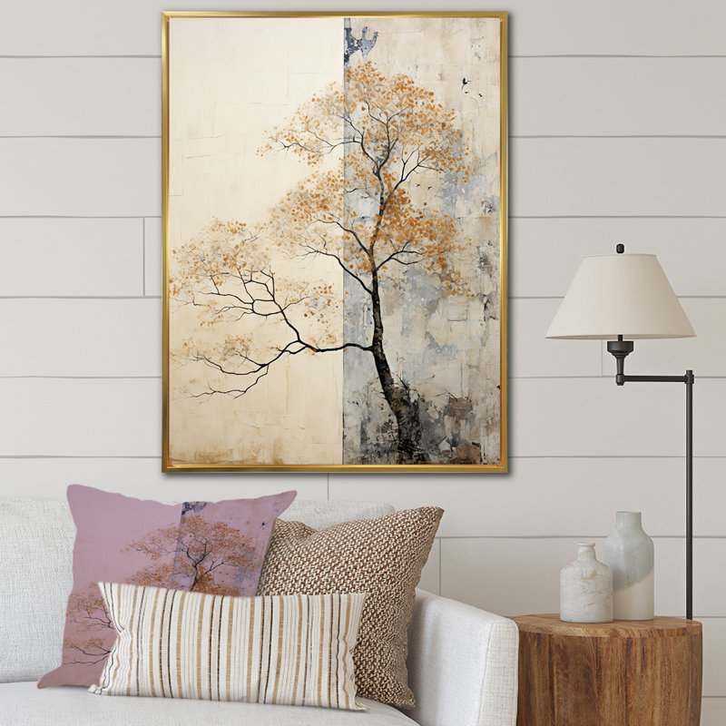 «Beige Tree Pine Tranquility II», reproduction sur toile, H 32 po x l 16 po x P 1 po, Cadre flottant doré