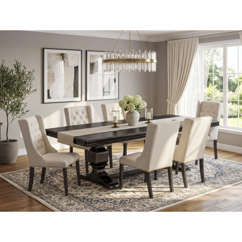 L'ensemble de salle à manger 7 pièces se compose d'une table à manger et de 6 chaises de cuisine en tissu de lin crème et de pieds noirs avec dossier capitonné - finition noir sablé.