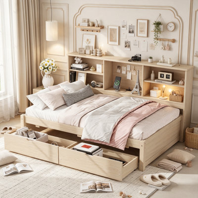 Platform Bed Frame with Bookcase Headboard and Usb Charging Station, Wood Daybed with 2 Storage Drawers for Teens Kids, Twin Size, Natural