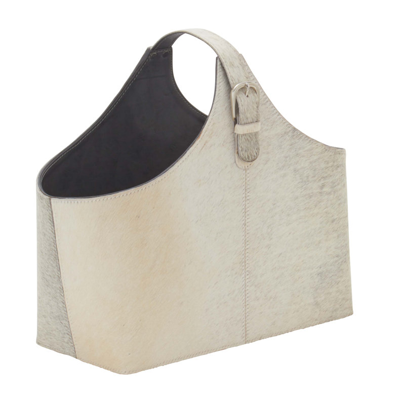Sandie Leather Handmade Wood Decorative Magazine Holder with Detail Stitching and Curved Buckle Handles, Gray
