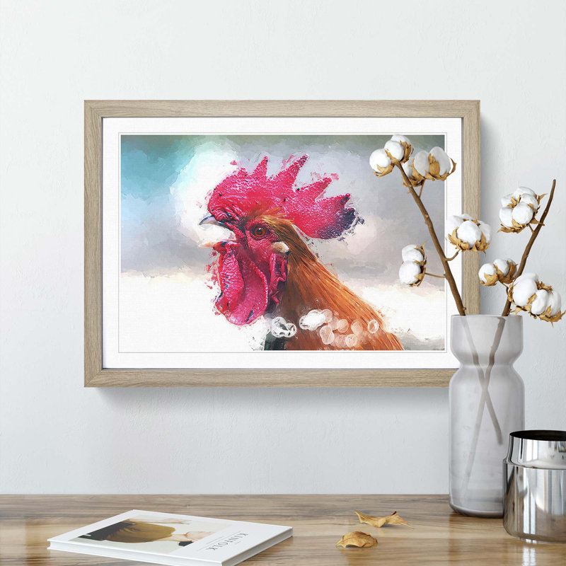 Portrait of a Rooster in Abstract - Picture Frame Painting Print, Oak, 50cm H x 76cm W x 2cm D