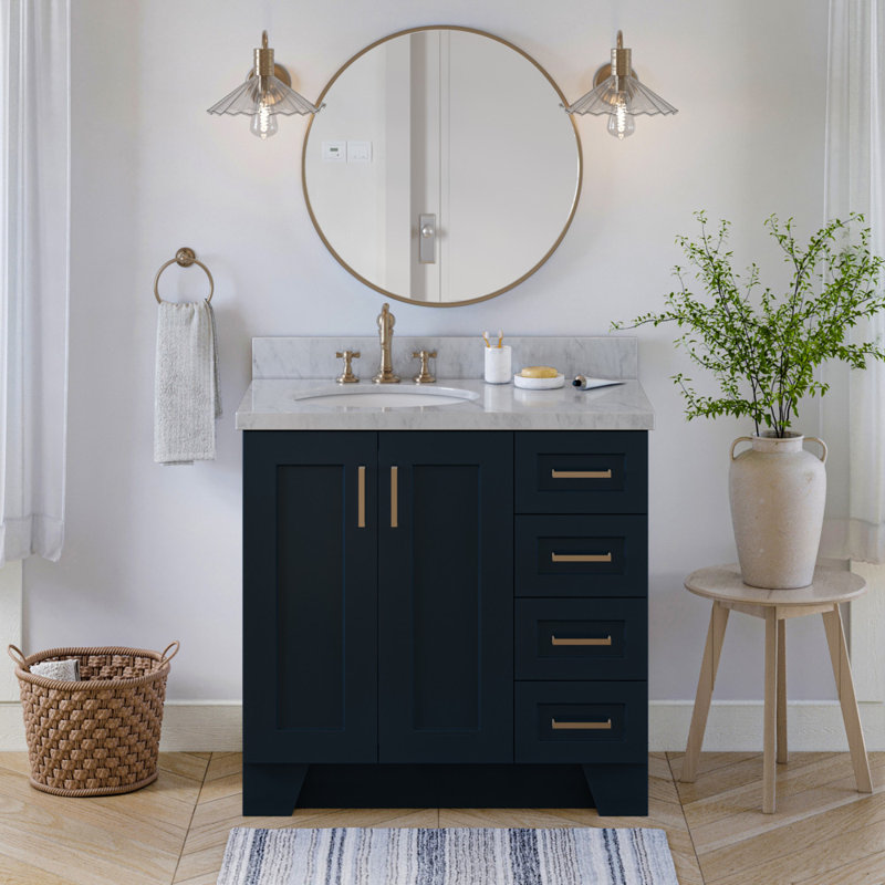 Meuble-lavabo simple en bois massif de 37 po de couleur bleu nuit avec plateau en marbre de Carrare de 1,5 po Freitas, Ovale