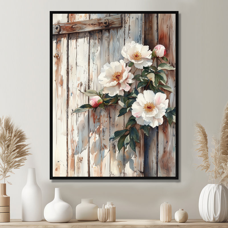 Pivoines par la porte de grange II - pivoines, art mural, H 32 po x l 16 po, Impression encadrée sans passe-partout, Noir