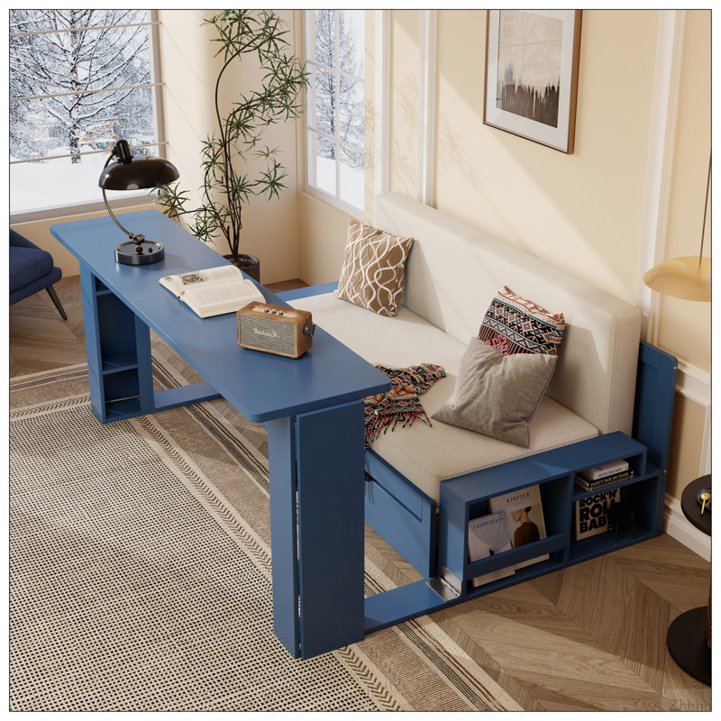 Grand lit de jour avec bureau amovible, tiroirs de rangement et table d'appoint hydraulique, bleu, Bleu
