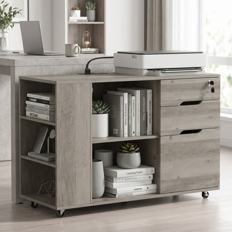 Classeur à roulettes verrouillables avec prises électriques, gris pâle/brun, Gris @@ brun