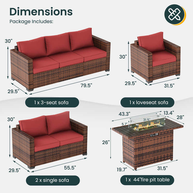 Ensemble de conversation d'extérieur en osier pour 7 personnes avec table de foyer Azoriah, 26" H x 43.5" W x 28" D