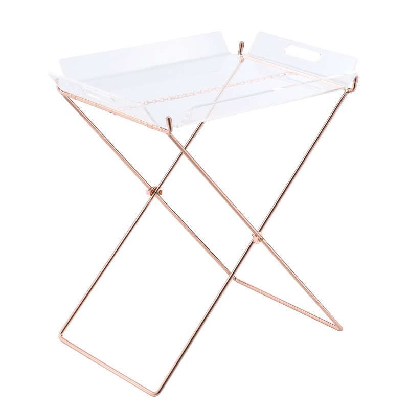 Table en acrylique transparent avec plateau de base élégant en forme de X en métal et nickel antique