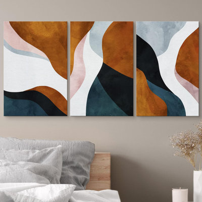 Mid Century Shape "Geometric Wavy Brown And Blue Abstract Framed Canvas Print 3 Pieces Wall Art
