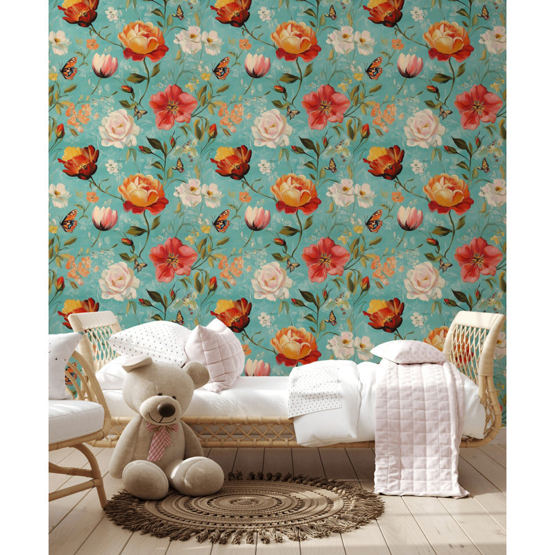 Papier peint floral rétro avec motif floral bleu sarcelle et orange, coquelicots et papillons