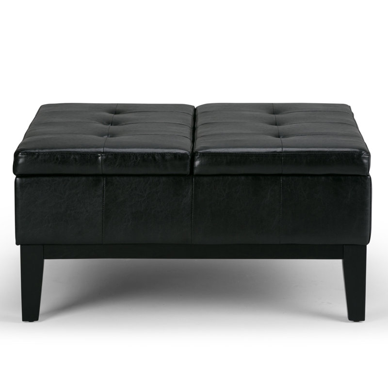 Dover 36"W Upholstered Vegan Leather Contemporary Square Coffee Table Storage Ottoman with Split Lift-Top, Midnight Black