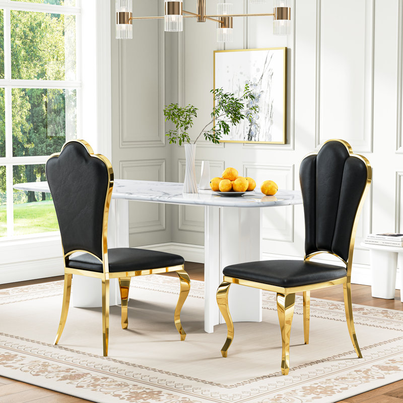 Mery 19'' H Modern Faux Leather Upholstered Dining Side Chair with Stainless Steel Legs, Black, Gold