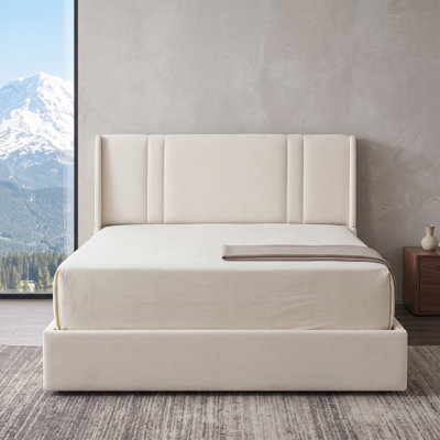 Modern Curved Wingback Velvet Upholstered Platform Bed with Gas Lift Storage, Queen, White