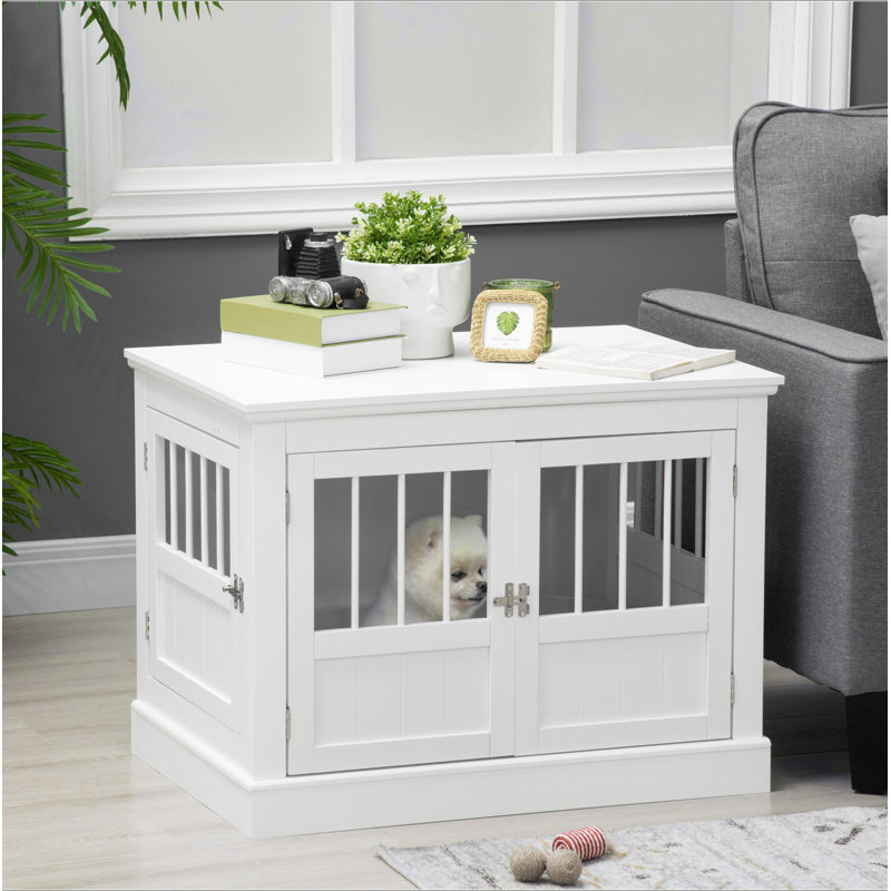 Table de bout avec cage triple pour chien PawHut, Blanc