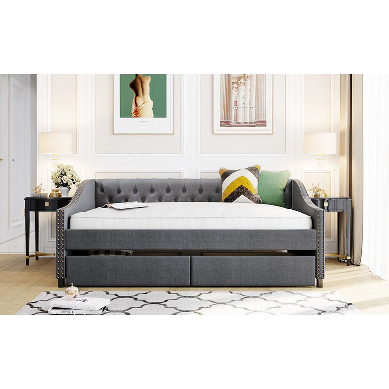 Élégant lit de jour rembourré avec deux tiroirs, gris, avec revêtement en tissu gris, Gris