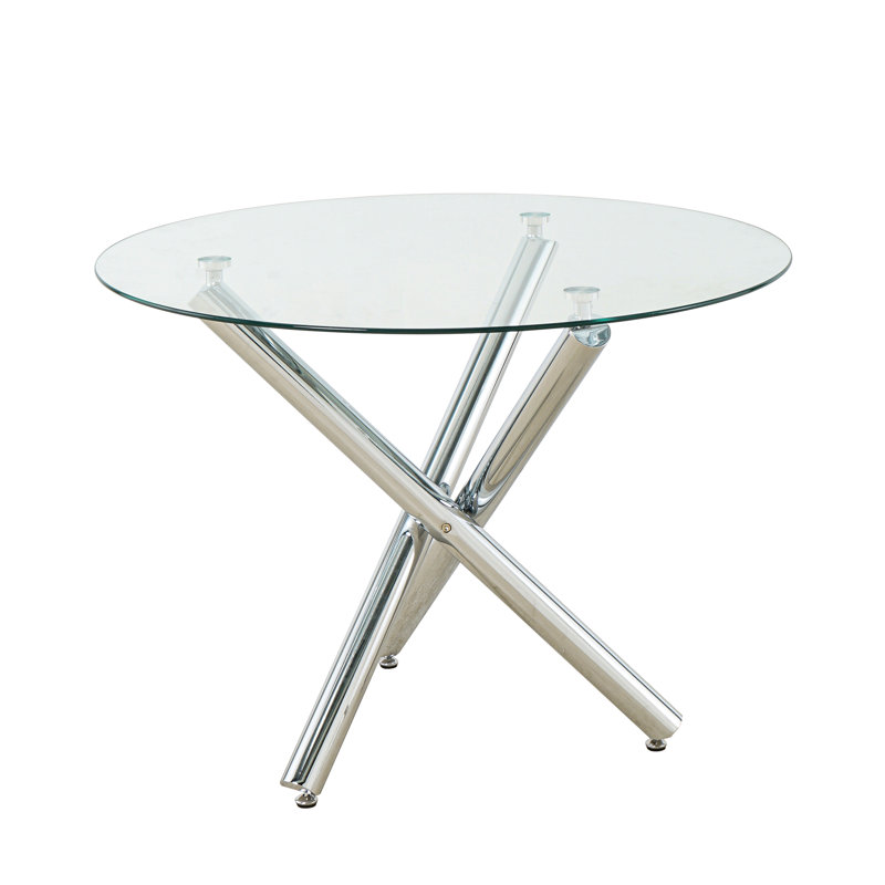 Kaizlyn Modern Round Glass Dining Table for 4-6 People, Clear Tempered Glass Top, Metal Cross Base, Round Kitchen Table for Dining Room, Circular Table for Small Space