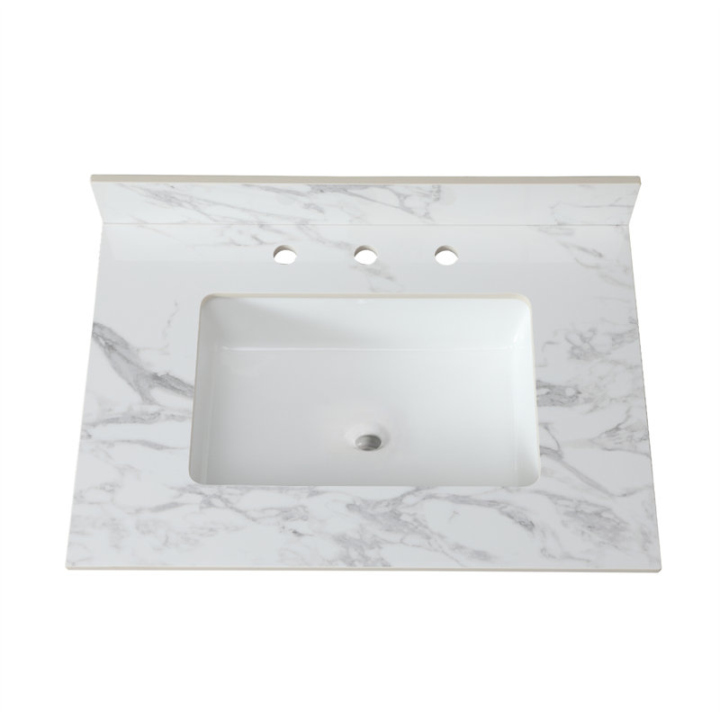 Bathroom Vanity Top,Sintered Stone Carra Barthroom Vanity Sink Tops With Rectangular Undermount Ceramic Sink With Vanity Backsplash,  Faucet Hole Bathroom Vanity Countertop