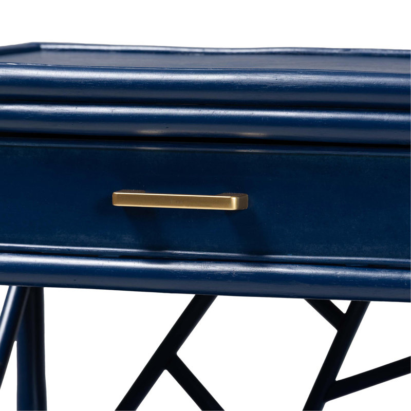 Table de chevet en rotin naturel avec tiroir et tablettes ouvertes - Table de chevet côtière à motif géométrique, bleu, Blue