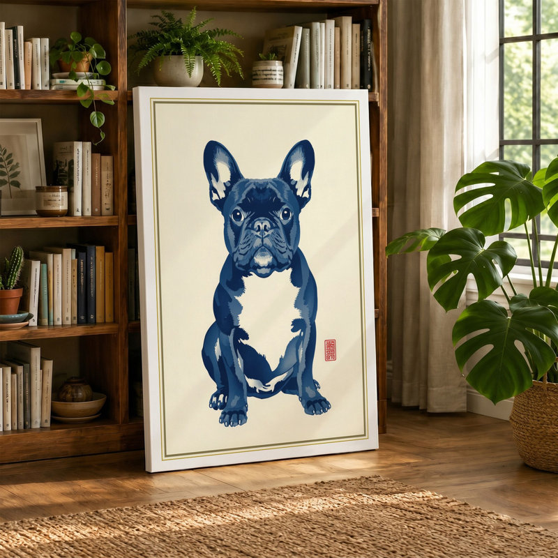 Symmetrical Bulldog Japandi - Wrapped Canvas, 36x24 - 91.4 x 61.0 cm, Taupe Border