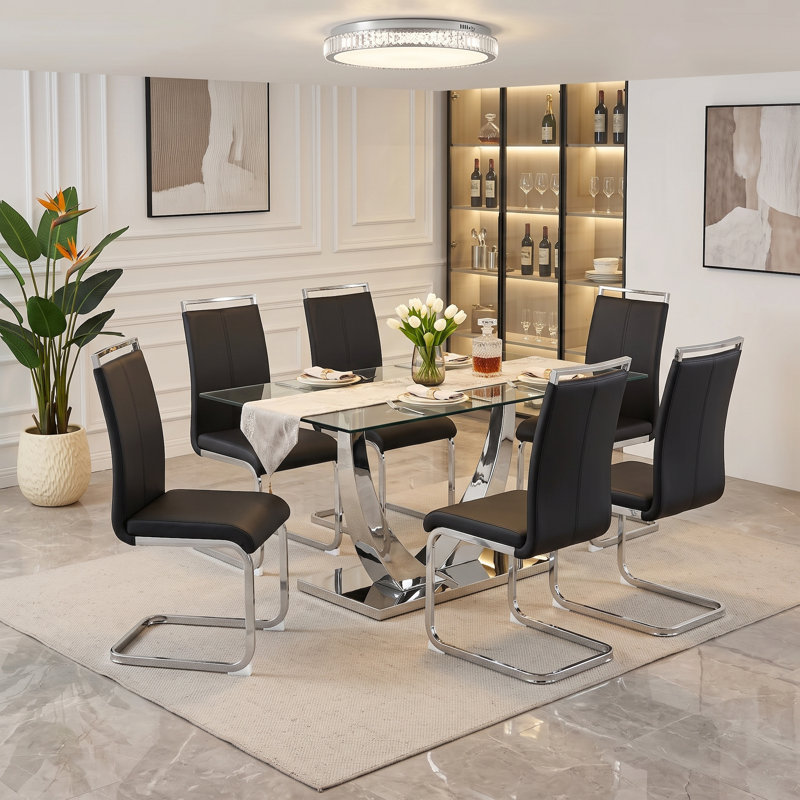7-Piece Modern Rectangular Tempered Glass Dining Set with Metal Base and Faux Leather Cantilever Chairs, Black, 7, Chrome