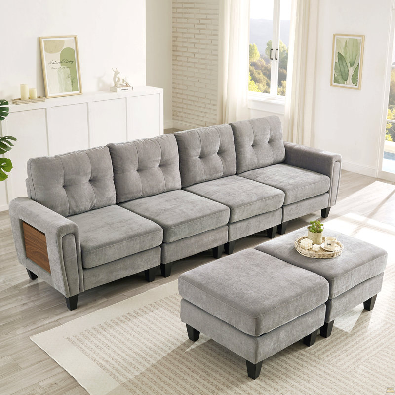 Canapé modulaire Canapé modulaire en U de 115 po avec deux repose-pieds mobiles, ports USB et tables d'appoint, Gris chenille