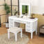 Bureau de coiffeuse avec miroir à DEL, 7 tiroirs, tabouret rembourré, conception à tiroir creux classique-299832256