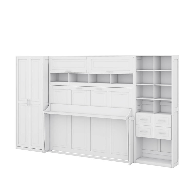 Lit escamotable double avec placard, tiroirs et tablettes