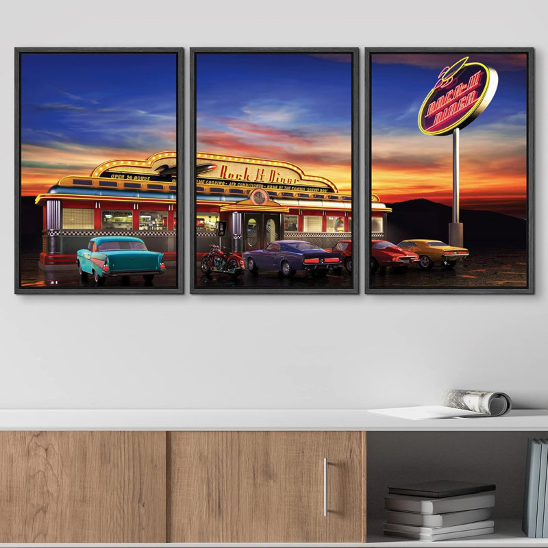 «Architecture American Retro Diner at Dusk», ensemble de 3 pièces, H 24 po x l 48 po, Black Framed