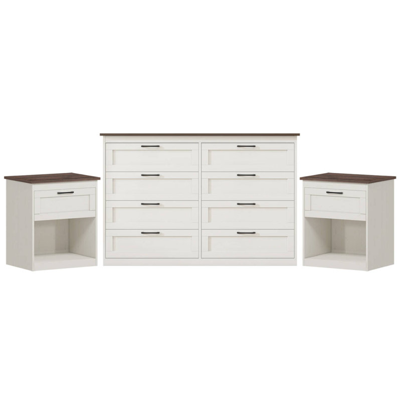 Ensemble de commode et de tables de chevet en bois Farmhouse (commode 8 tiroirs + table de chevet 1 tiroir)