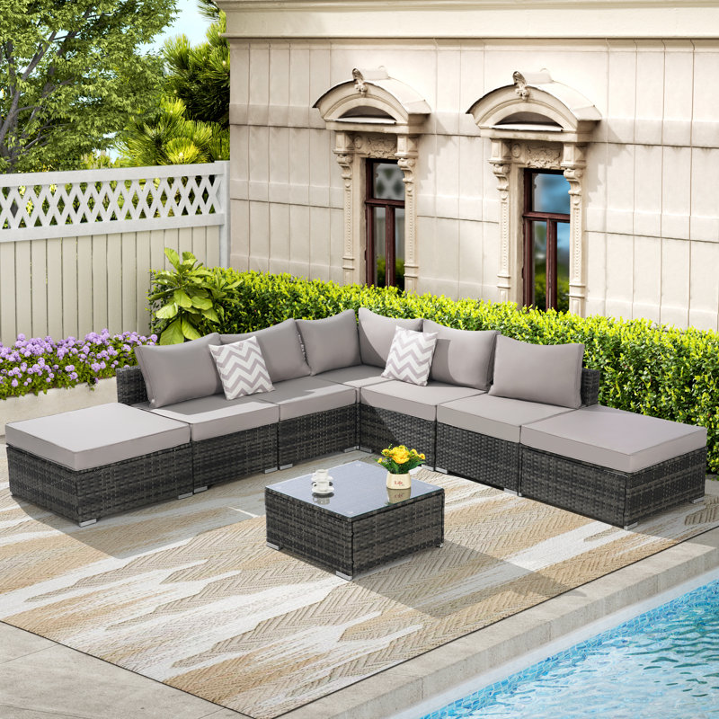 8 Pieces Outdoor Patio Sectional Sofa Couch,Wicker Furniture Conversation Sets, Light Gray