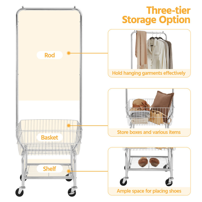 3-Tier Rolling Laundry Cart with Hanging Rack