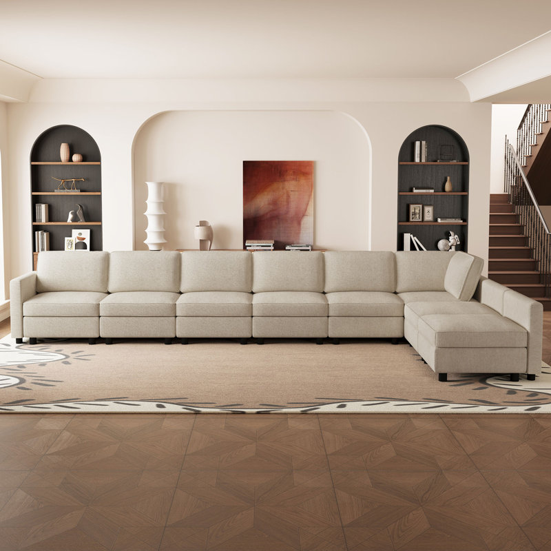 Canapé modulaire en L avec rangement, Mélange de polyester beige
