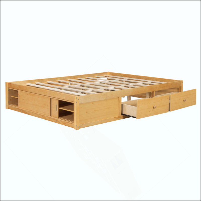 Platform Bed Frame With 4 Storage Drawers And Footboard Storage Cubby, No Headboard, Modern Space-Saving, Natural