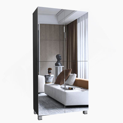 Shoe Cabinet With 4  Mirror Doors, Storage Cabinet With  Adjustable Shelves, Ventilation Holes