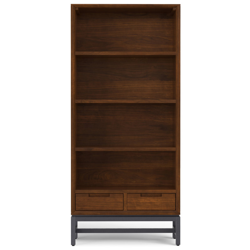 Banting 66"H Solid Walnut Veneer and Metal Industrial Bookshelf with Open Shelves and Metal Frame, Walnut Veneer